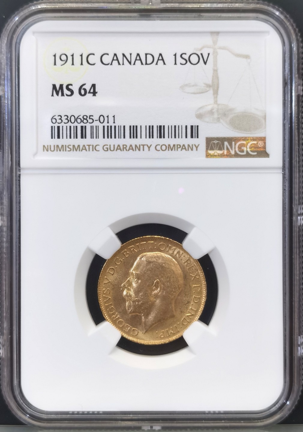 博洋堂世界钱币拍卖第016期（全场包邮） NGC MS64 英属加拿大1911年乔治五世马剑1索维林金币 高分可藏
