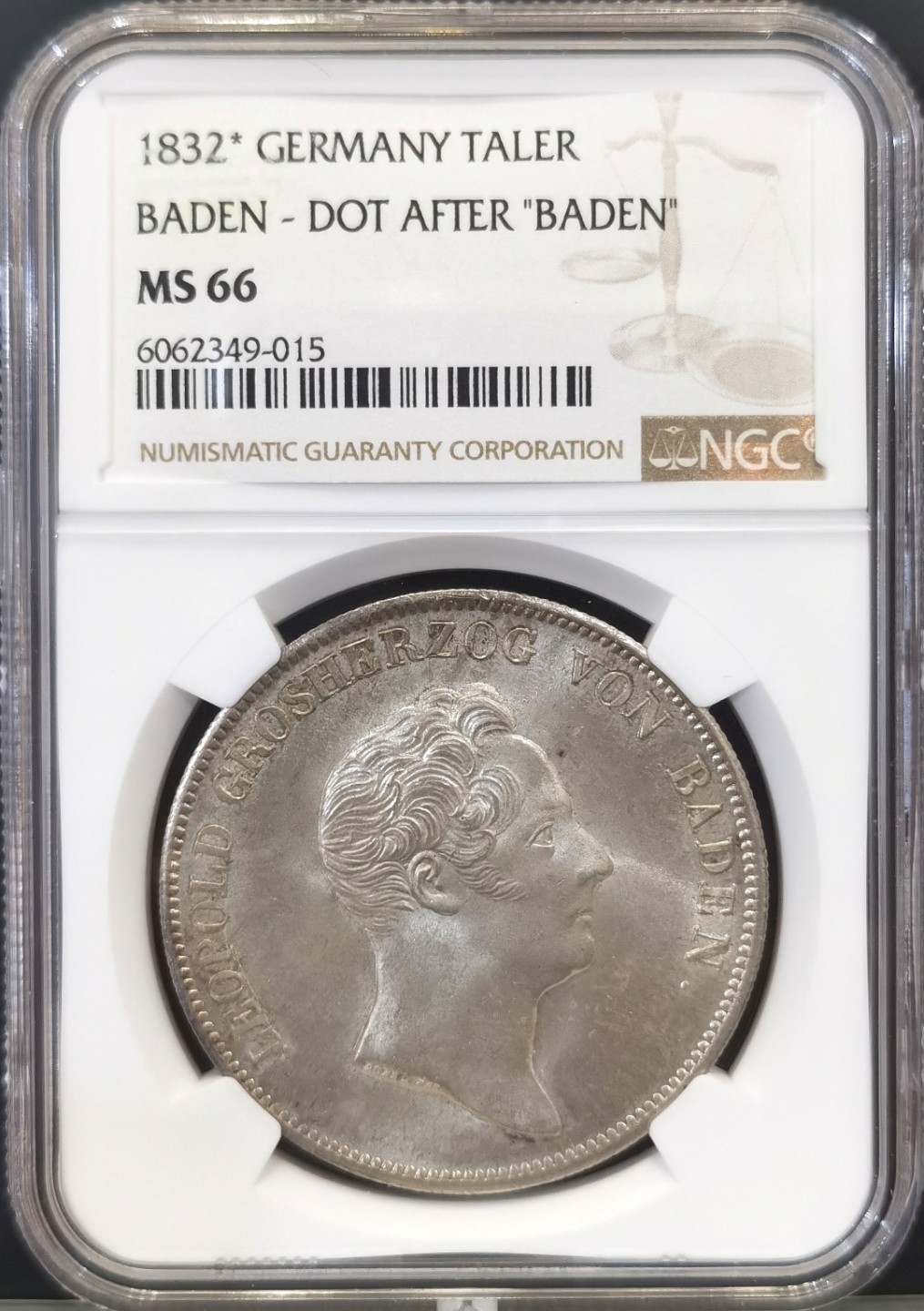 博洋堂世界钱币拍卖第016期（全场包邮） NGC MS66 1832年德国巴登王冠大泰勒，后“点”版本，顶级状态，冠军分