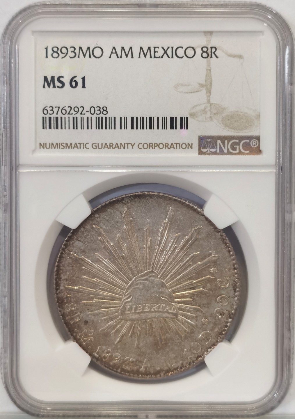 博洋堂世界钱币拍卖第016期（全场包邮） NGC MS61  墨西哥 花边鹰洋  墨西哥城 Mo 1893  8里亚尔 淡五彩包浆  藏家必选