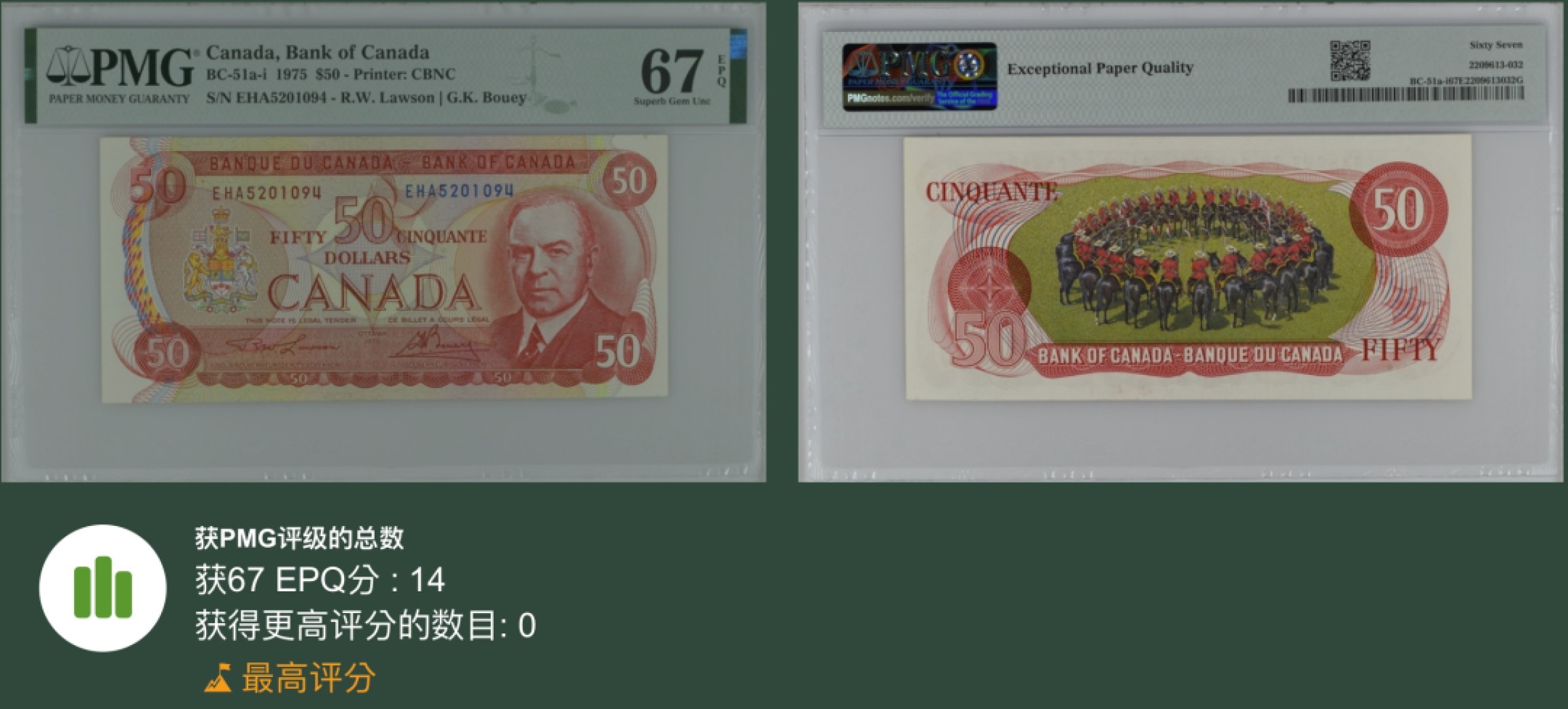 《张总收藏》90期——浓缩外币精品场 加拿大50元 PMG67E 1975年老版本 冠军分