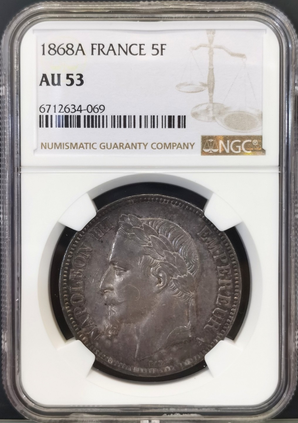 博洋堂世界钱币拍卖第016期（全场包邮） NGC AU53 1868年BB版法国拿破仑三世5法郎银币 原汁原味老包浆