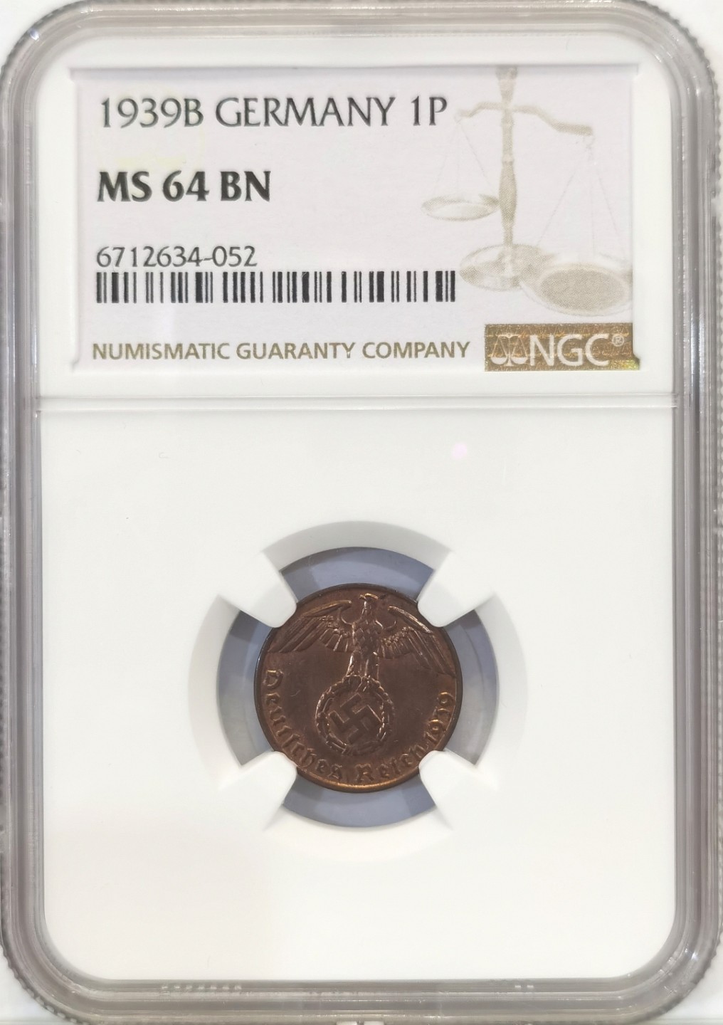 博洋堂世界钱币拍卖第016期（全场包邮） NGC MS64BN 德国第三帝国1939年B版1芬尼铜币
