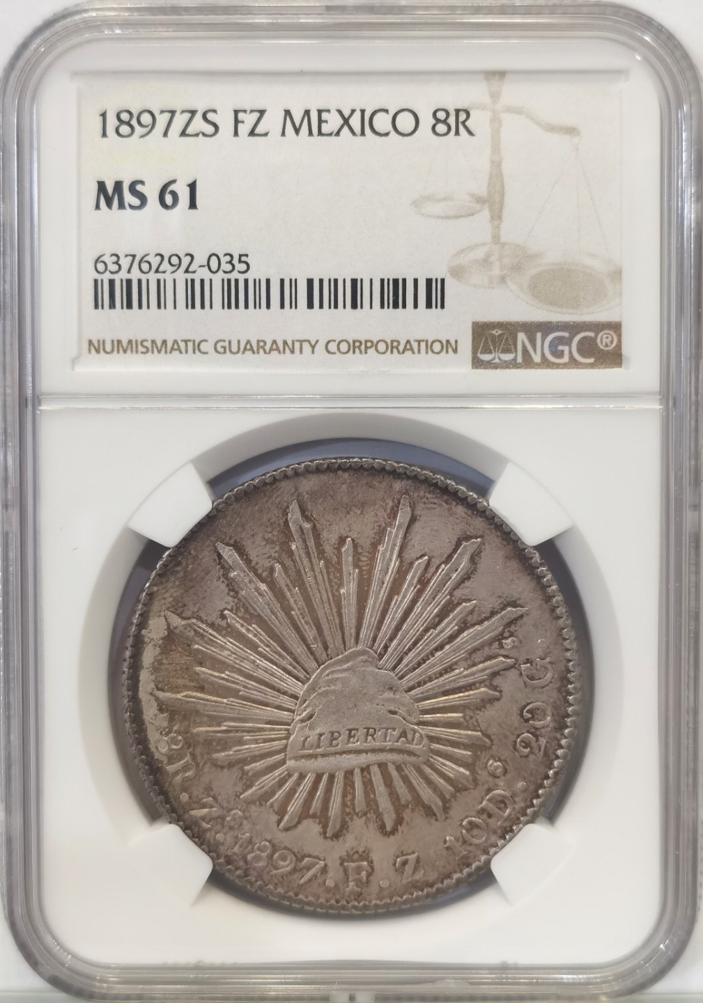 博洋堂世界钱币拍卖第016期（全场包邮） NGC MS61  墨西哥 花边鹰洋  萨斯特卡斯 Zs 1897 8里亚尔 炫五彩包浆 大热门包浆  藏家必选