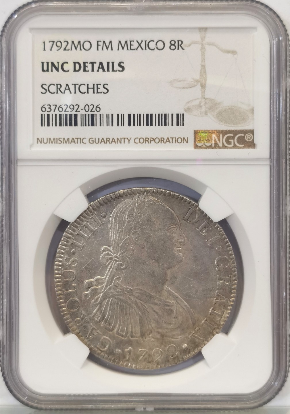 博洋堂世界钱币拍卖第016期（全场包邮） NGC UNC  墨西哥卡洛斯四世双柱 MO 1792 8里亚尔  淡灰色包浆 早期年份 实物难得 早期年份好品很少