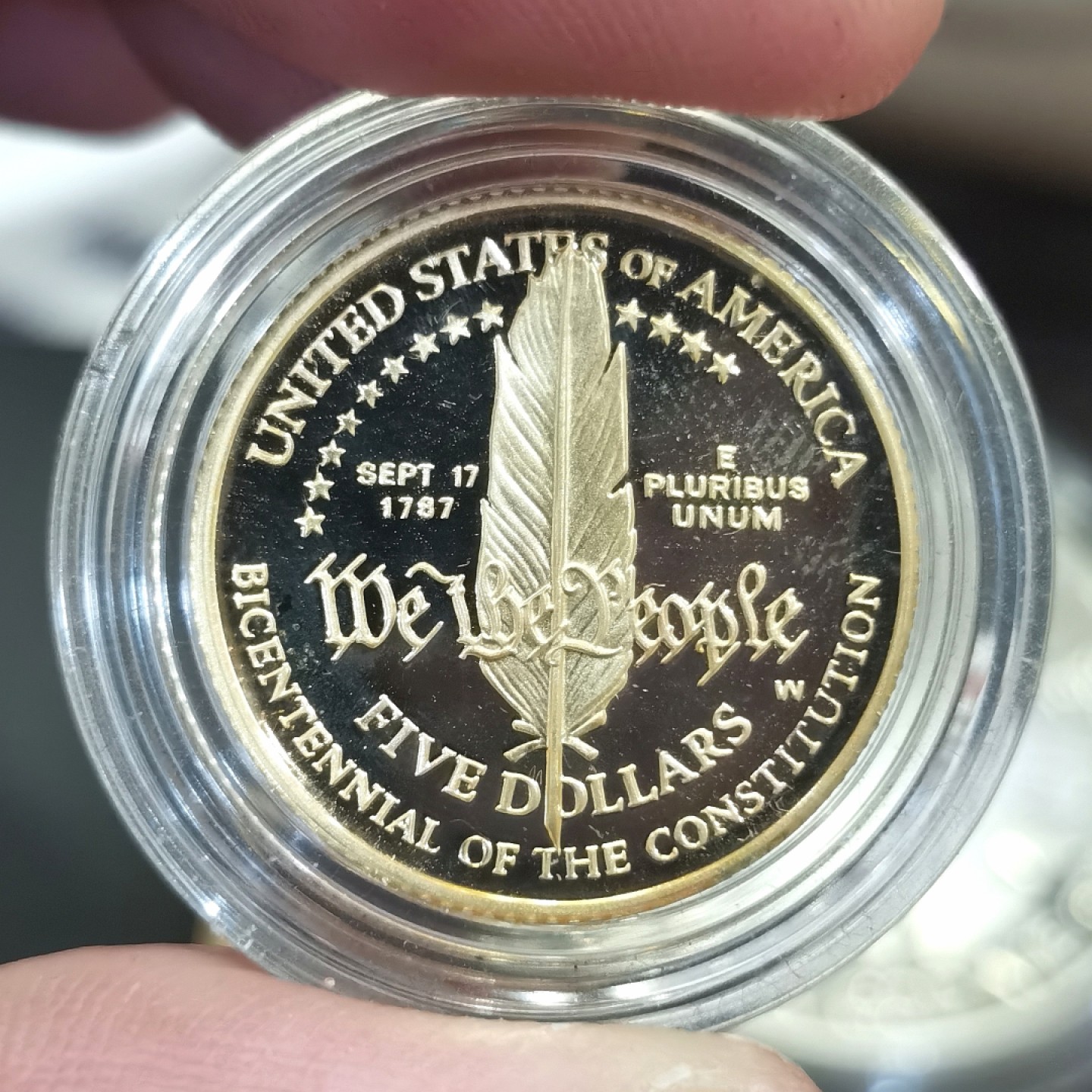 博洋堂世界钱币拍卖第016期（全场包邮） 美国国会原盒套币 世界硬币大赛最受欢迎币&最佳历史意义币 内含1987年宪法5美元金币1枚 金币重8.359g 900金、1989年26.7克1美元银币1枚、1989年1美元镍币1枚