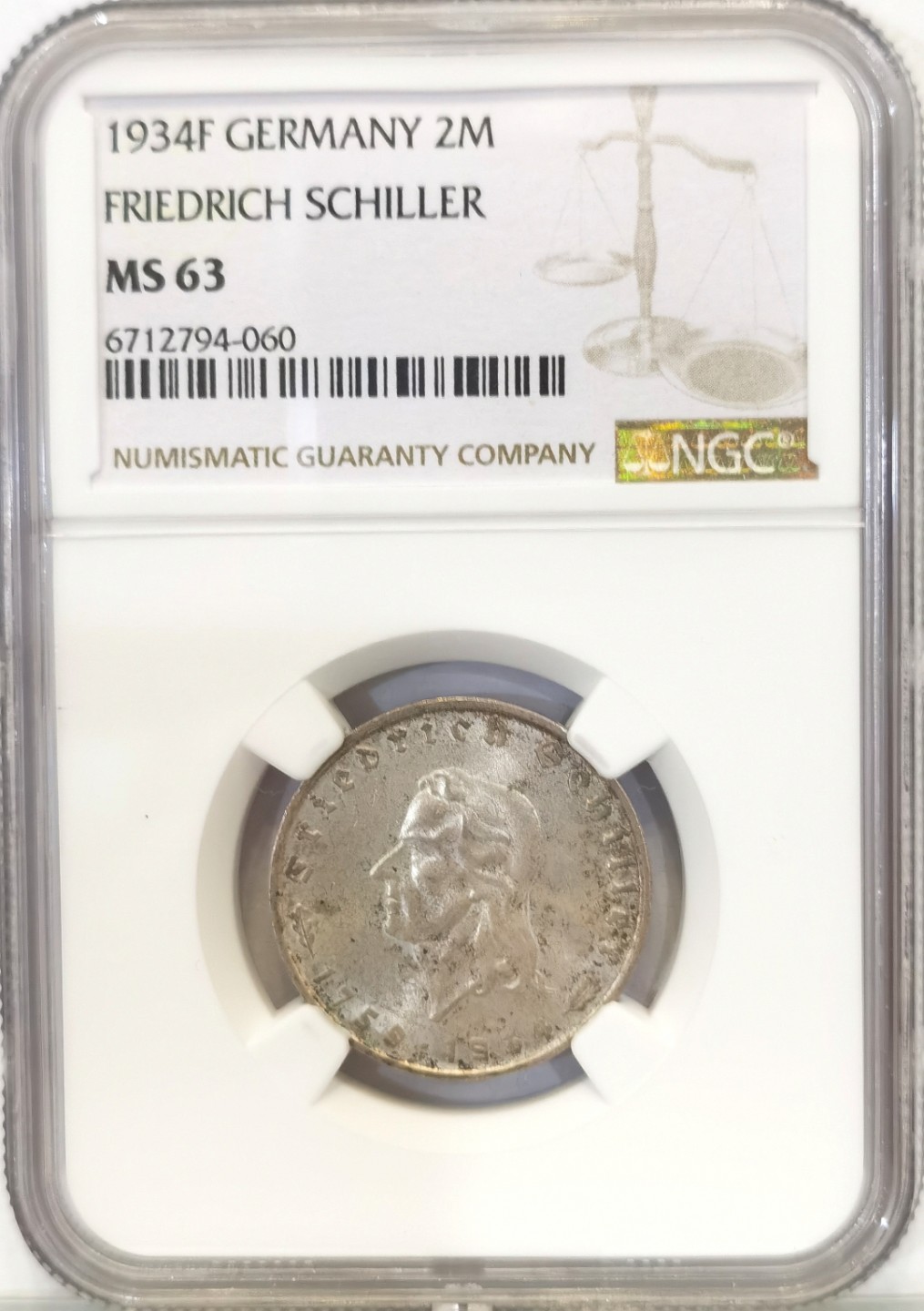 博洋堂世界钱币拍卖第016期（全场包邮） NGC MS63 德国第三帝国1934年F版席勒2马克纪念银币