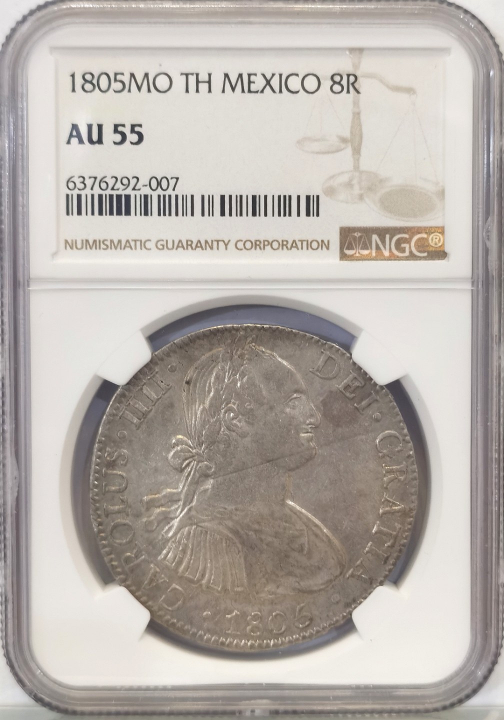 博洋堂世界钱币拍卖第016期（全场包邮） NGC AU55  墨西哥卡洛斯四世双柱 MO 1805 8里亚尔  淡灰色包浆 有点低评 目前价值洼地  少数几个底部的老银币