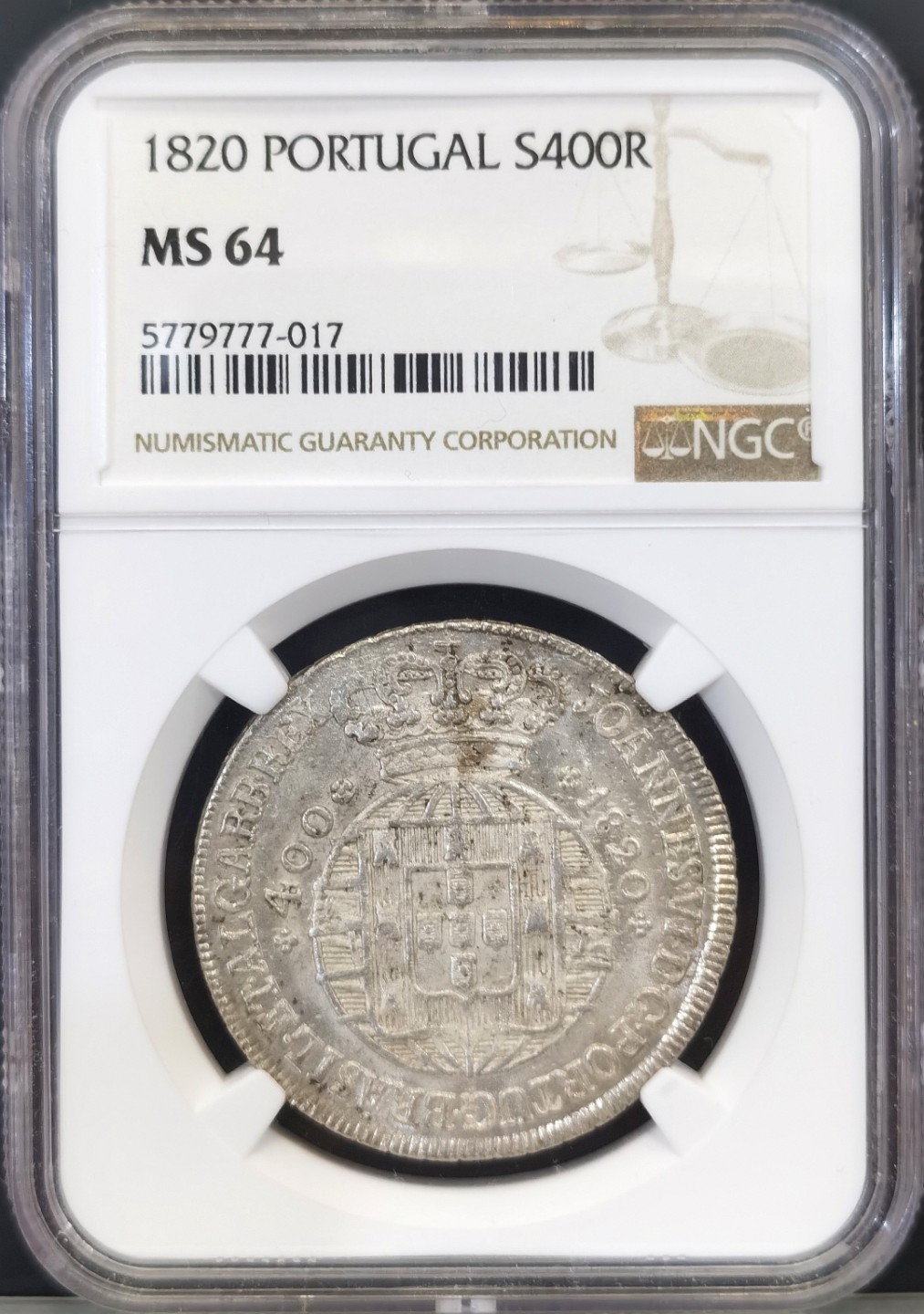 博洋堂世界钱币拍卖第016期（全场包邮） NGC MS64 1820年葡萄牙若昂五世400瑞斯 葡萄牙本土主币，正面地球，背面十字，比摄政时期的那版少见很多