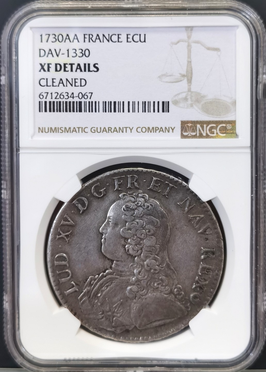 博洋堂世界钱币拍卖第016期（全场包邮） NGC XF 1730年法国路易十五1埃居大银币 打制好 无减重痕