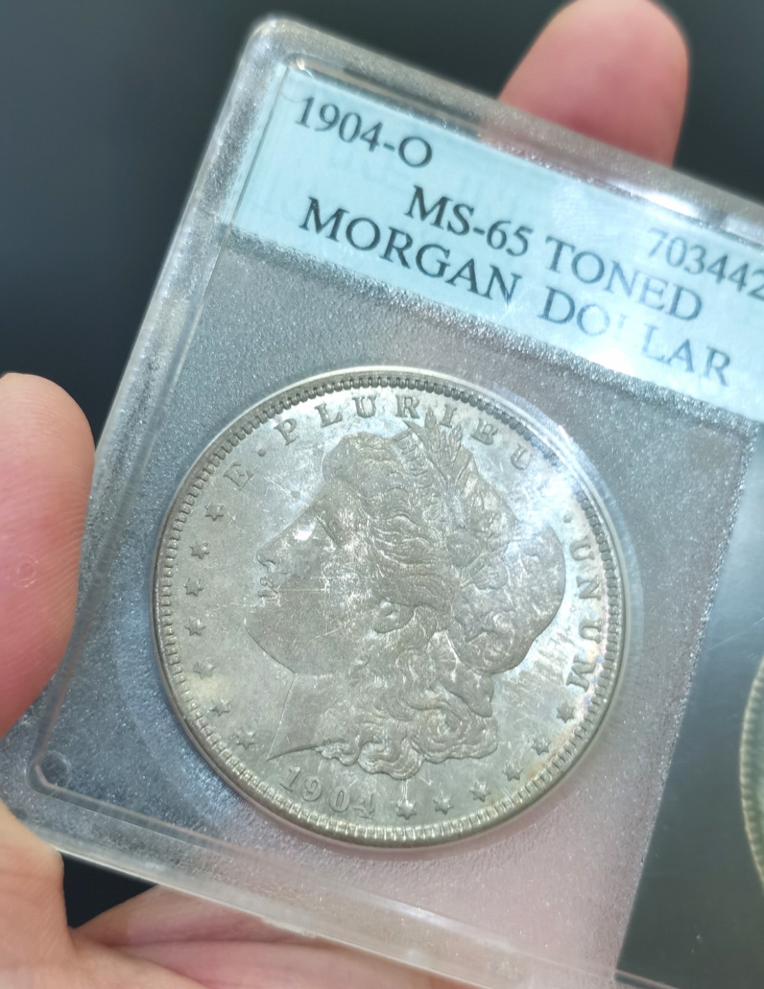 博洋堂世界钱币拍卖第016期（全场包邮） INS MS65 美国1904年O厂好彩摩根 女神面淡紫满彩挂金月牙彩 鹰面银灰彩 圈边金环彩 底板镜面 INS为美国早期评级公司 盒子都是收藏品