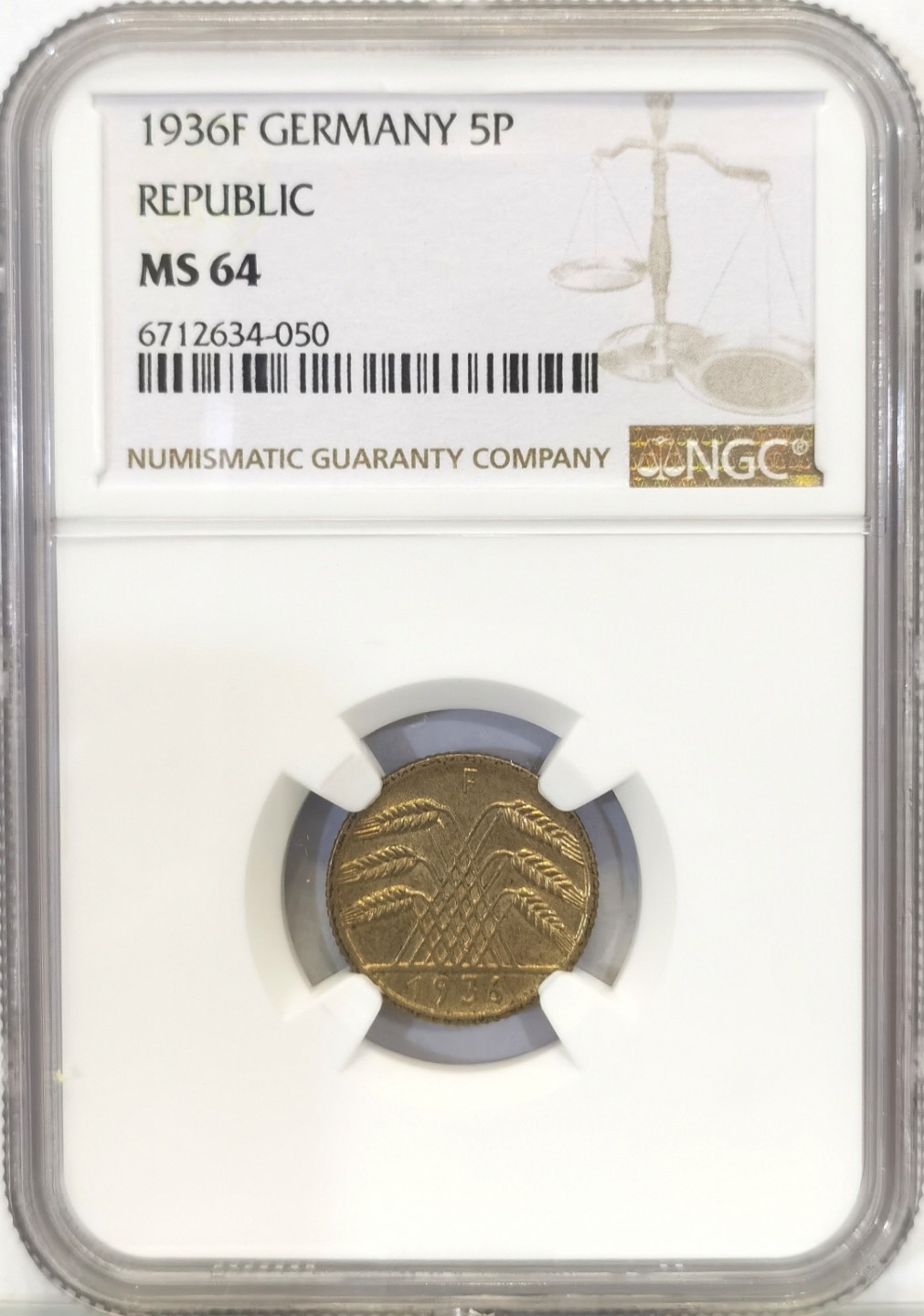 博洋堂世界钱币拍卖第016期（全场包邮） NGC MS64 德国魏玛共和国1936年F版5芬尼铜币