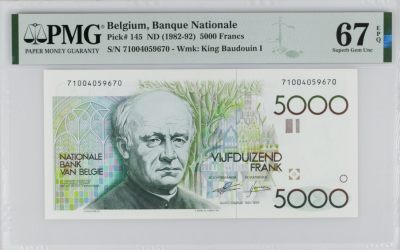 《张总收藏》90期——浓缩外币精品场 - 比利时5000法郎 PMG67E 大蜻蜓 亚军分 实物非常漂亮 上涨品种