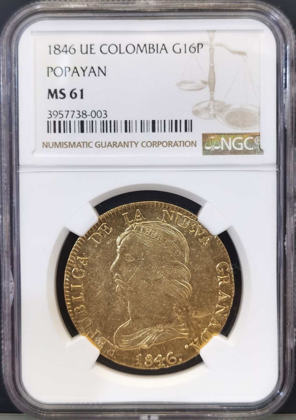 博洋堂世界钱币拍卖第016期（全场包邮） NGC MS61 1846年哥伦比亚16比索金币 27克，875金，与殖民地后期的8E制式相当，同年同版62分2022年HA拍卖价格5160刀