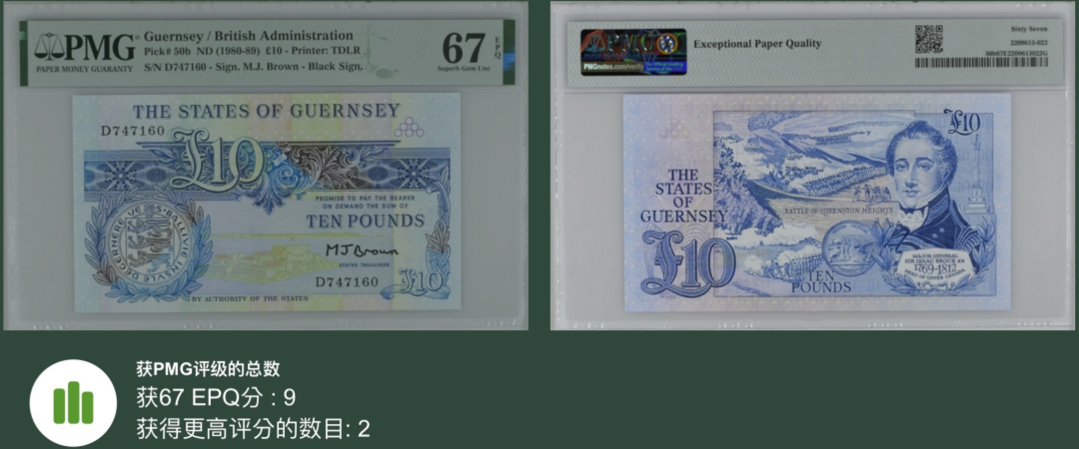 《张总收藏》90期——浓缩外币精品场 根西10镑 PMG67E 80年代 大尺寸版本 亚军分