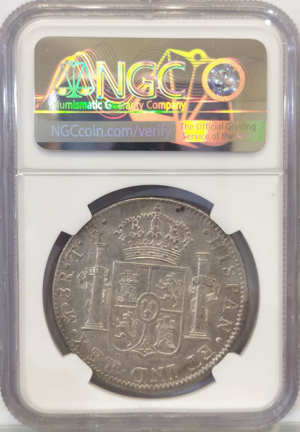 博洋堂世界钱币拍卖第016期（全场包邮） NGC AU55  墨西哥卡洛斯四世双柱 MO 1805 8里亚尔  淡灰色包浆 有点低评 目前价值洼地  少数几个底部的老银币