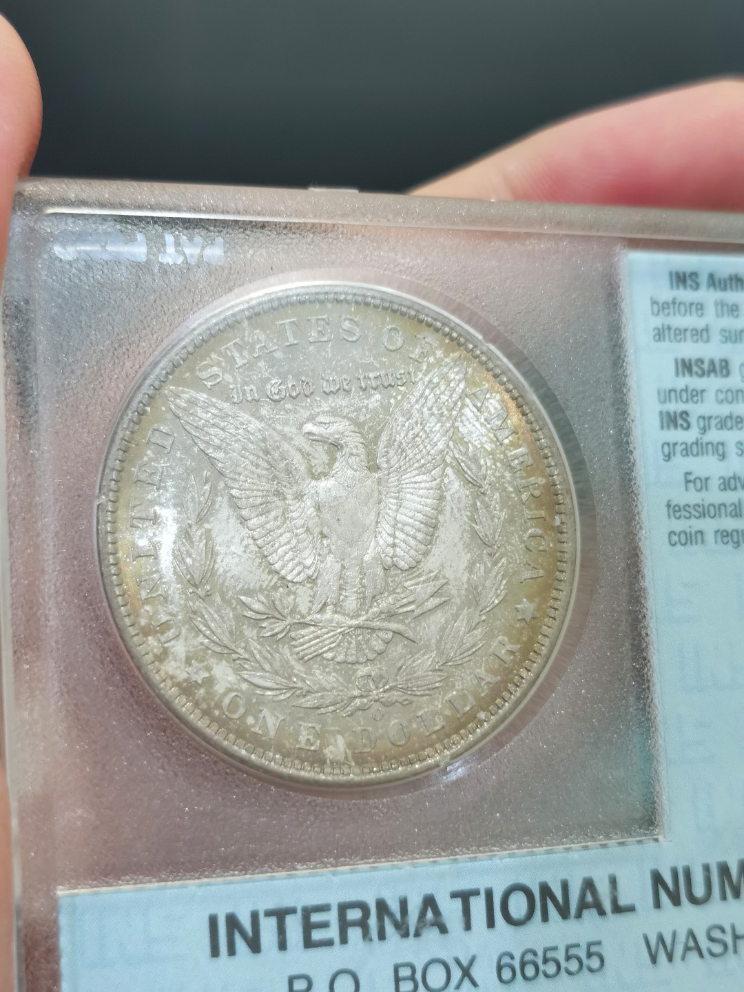 博洋堂世界钱币拍卖第016期（全场包邮） INS MS65 美国1904年O厂好彩摩根 女神面淡紫满彩挂金月牙彩 鹰面银灰彩 圈边金环彩 底板镜面 INS为美国早期评级公司 盒子都是收藏品