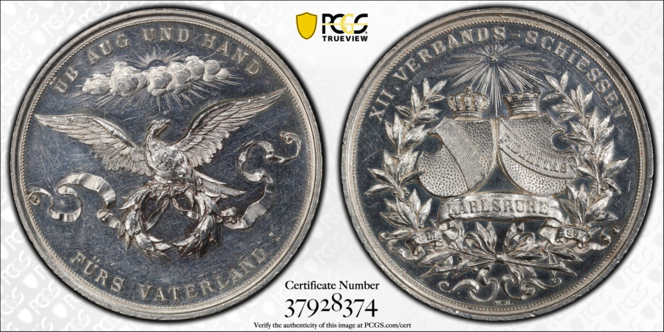 博洋堂世界钱币拍卖第016期（全场包邮） PCGS SP62 1891年德国卡尔斯鲁射击节银章， PCGS错标为法兰克福 ， 罕见品种 ，冠军分