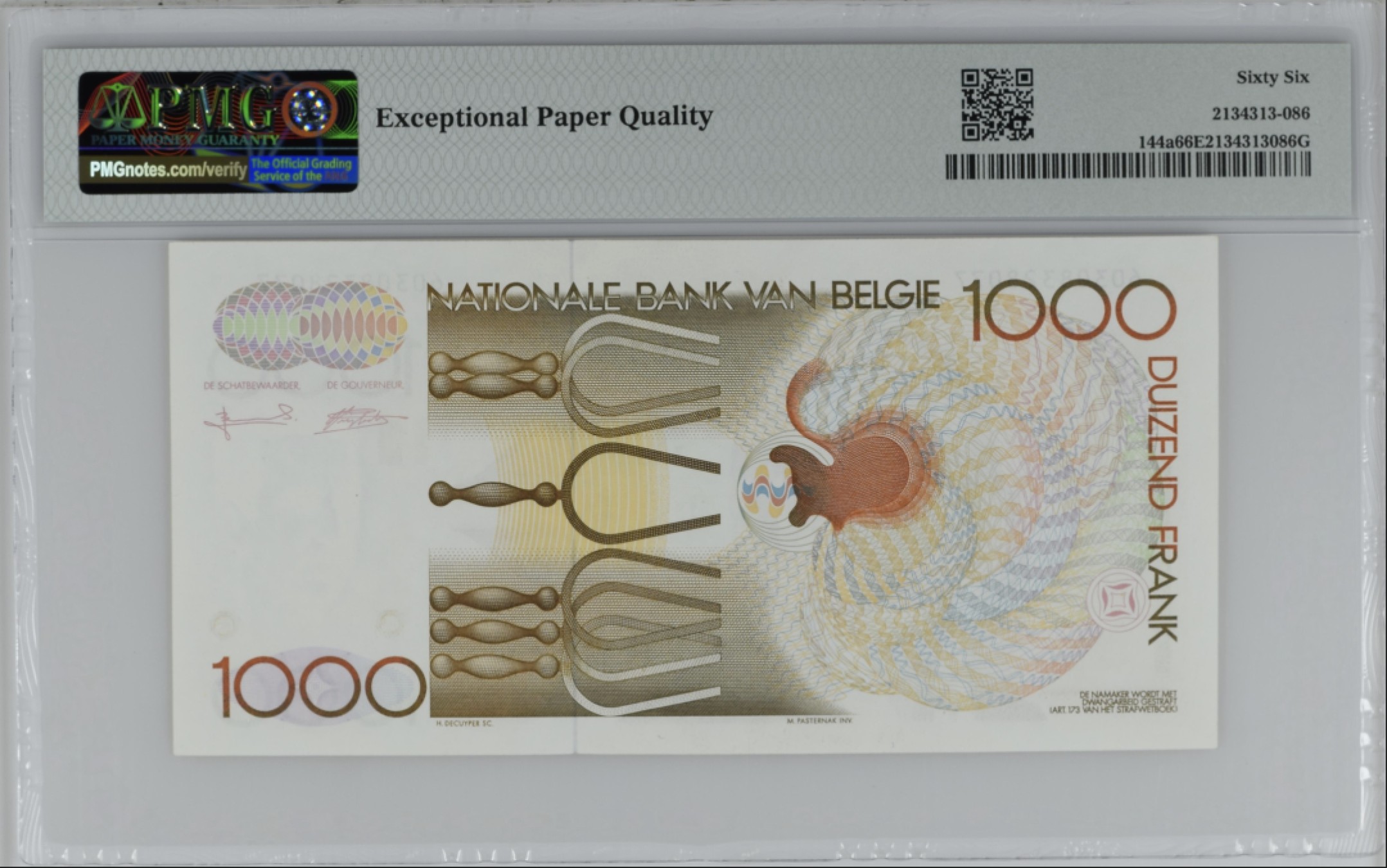 《张总收藏》90期——浓缩外币精品场 比利时1000法郎 PMG66E 长号码无4 比利时作曲家安德烈·格雷特里  