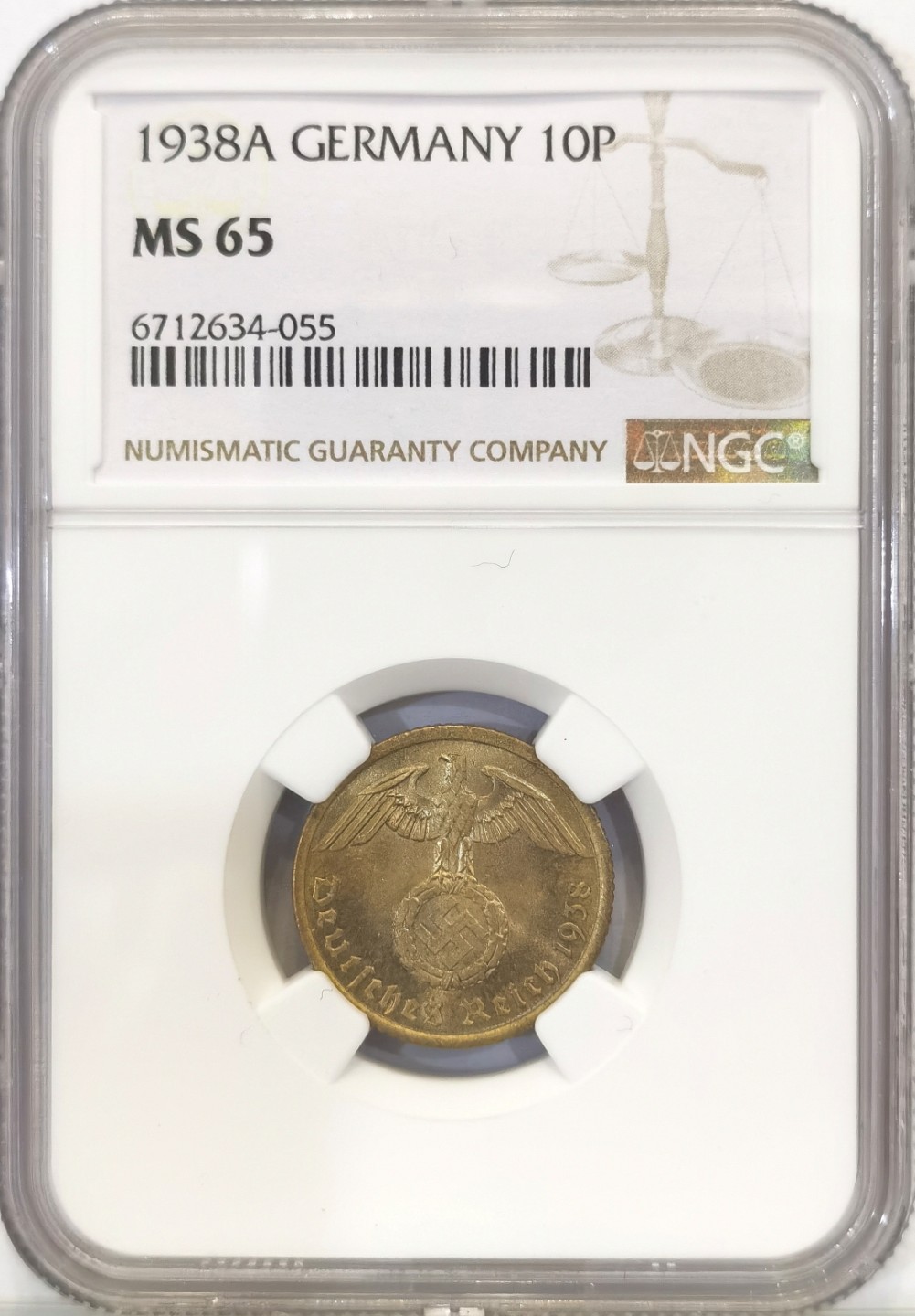 博洋堂世界钱币拍卖第016期（全场包邮） NGC MS65 德国第三帝国1938年A版10芬尼铜币