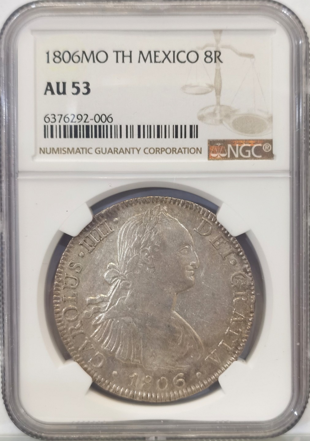 博洋堂世界钱币拍卖第016期（全场包邮） NGC AU53  墨西哥卡洛斯四世双柱 MO 1806 8里亚尔  淡灰色包浆 有点低评 目前价值洼地 少数几个底部的老银币