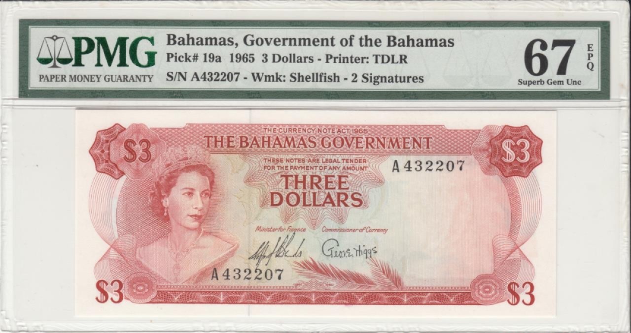 收藏联盟Quantum Auction 第233期拍卖 巴哈马1965年3元 PMG67 首发年份A冠 天堂岛的沙滩比基尼