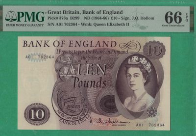 英国10镑 1964年至1966年 P-376a A01冠 C序列 签名如图 实物图 UNC - 英国10镑 1964年至1966年 P-376a A01冠 C序列 签名如图 实物图 UNC