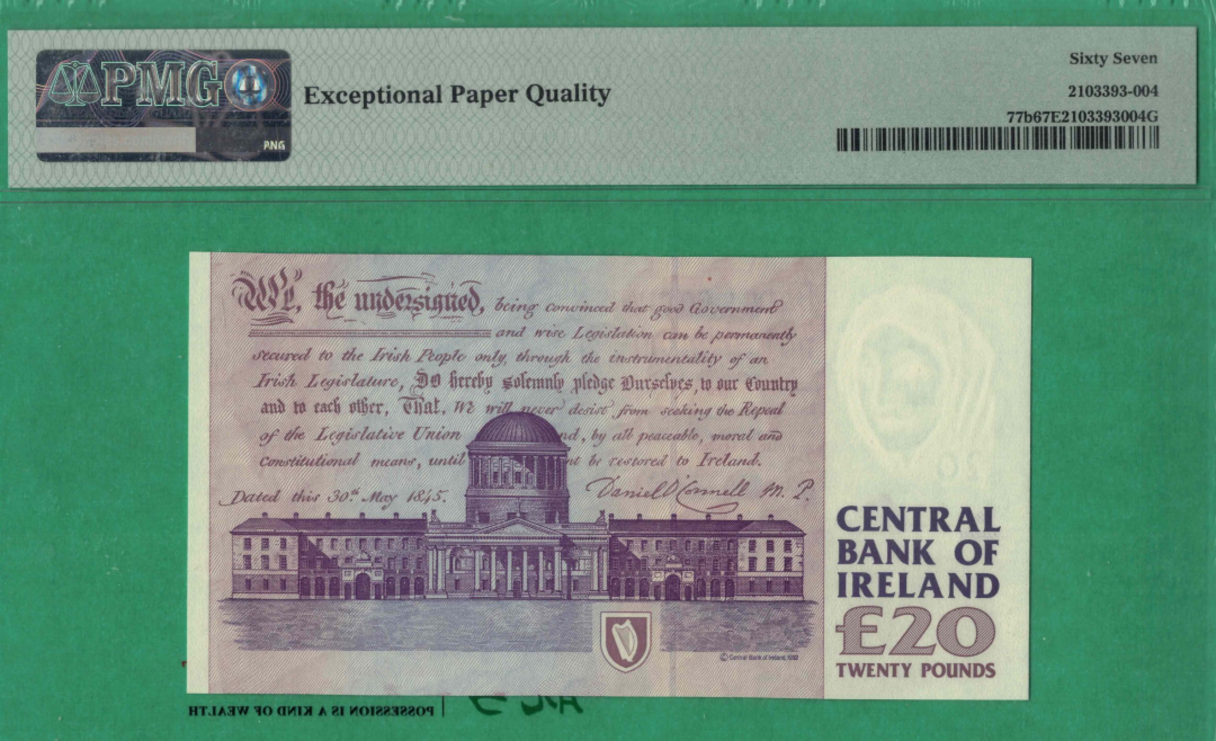爱尔兰20镑 1999年 P-77b 欧洲纸币 实物图 UNC