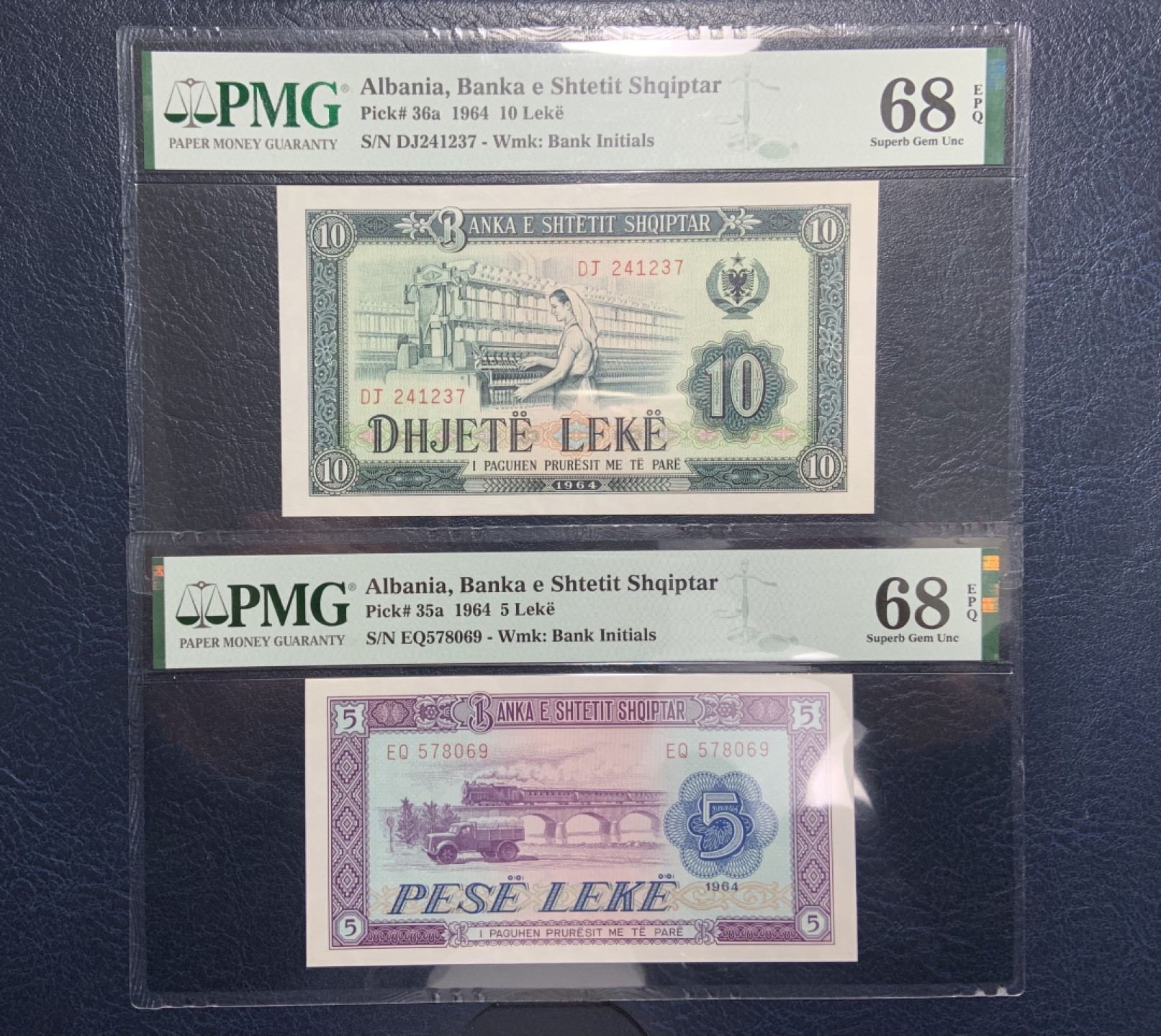 收藏联盟Quantum Auction 第233期拍卖 阿尔巴尼亚1964年1-100列克 PMG67-68 中国代印 1，5，10三张68分为冠军分