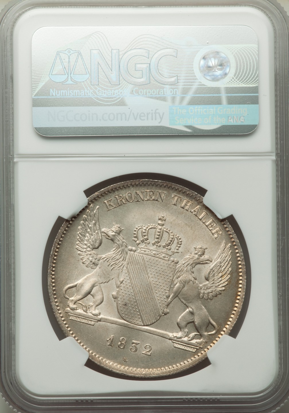 博洋堂世界钱币拍卖第016期（全场包邮） NGC MS66 1832年德国巴登王冠大泰勒，后“点”版本，顶级状态，冠军分