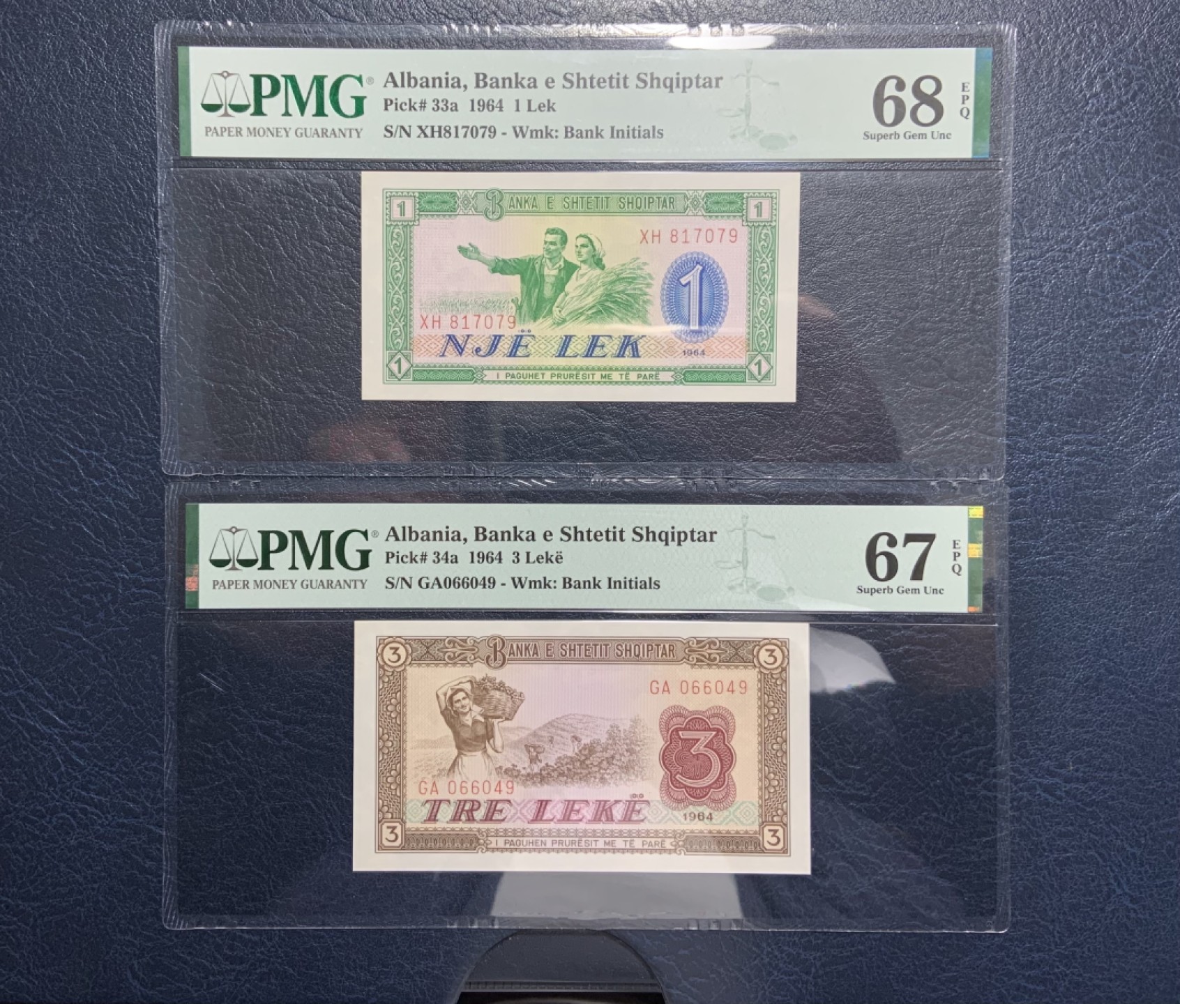 收藏联盟Quantum Auction 第233期拍卖 阿尔巴尼亚1964年1-100列克 PMG67-68 中国代印 1，5，10三张68分为冠军分