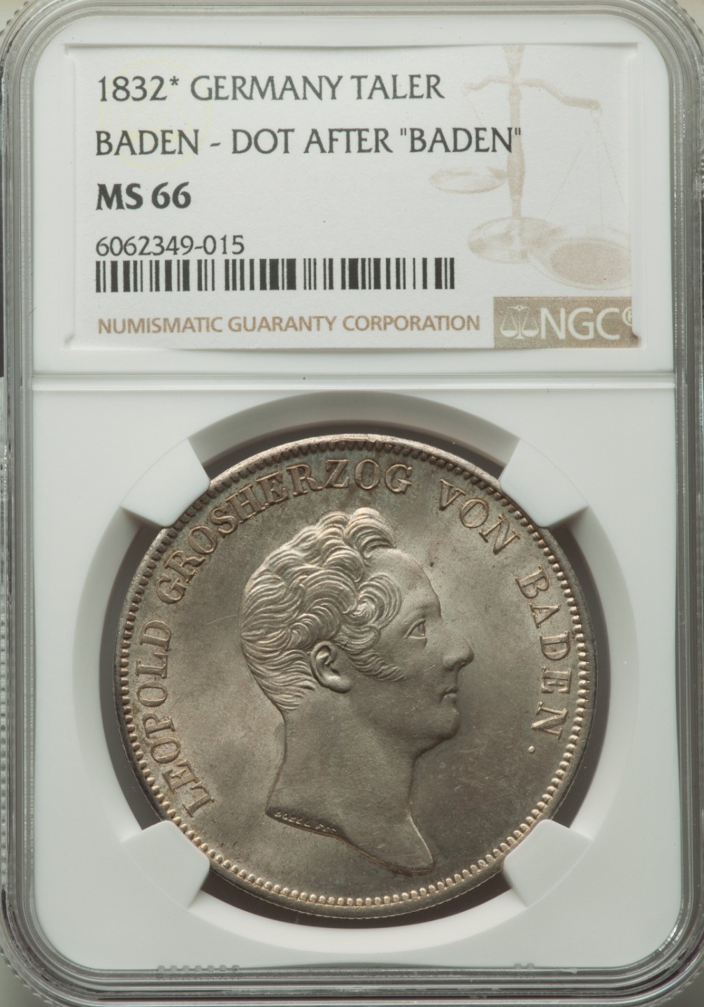 博洋堂世界钱币拍卖第016期（全场包邮） NGC MS66 1832年德国巴登王冠大泰勒，后“点”版本，顶级状态，冠军分