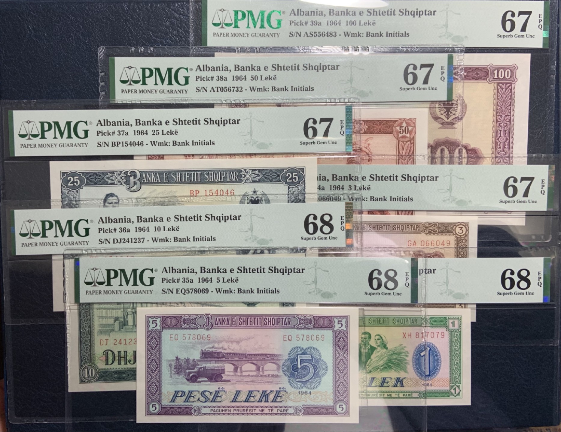 收藏联盟Quantum Auction 第233期拍卖 阿尔巴尼亚1964年1-100列克 PMG67-68 中国代印 1，5，10三张68分为冠军分
