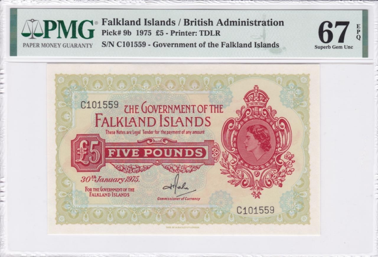 收藏联盟Quantum Auction 第233期拍卖 福克兰群岛1975年5镑 PMG67 号码无47 高面值高分稀少