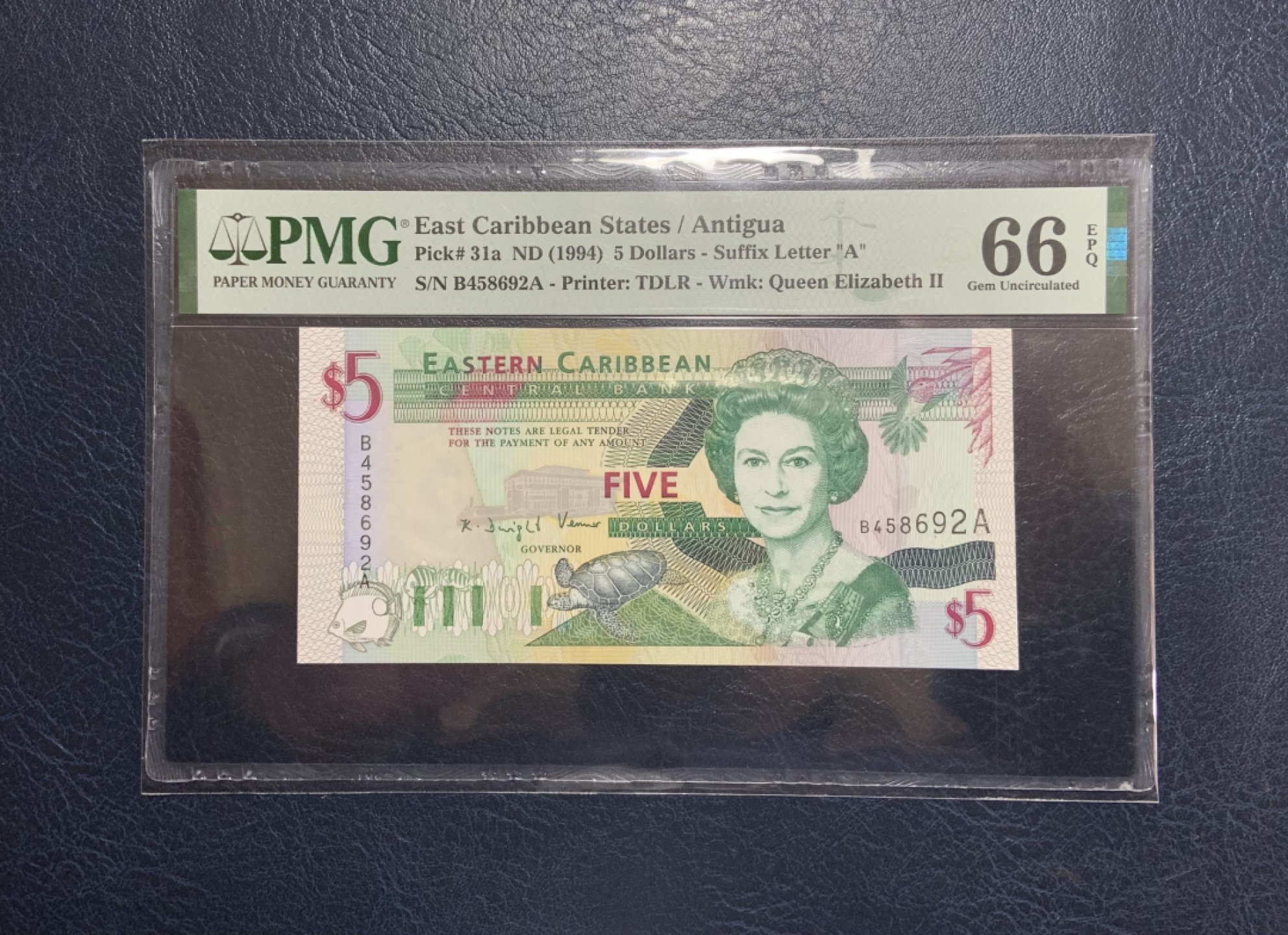 收藏联盟Quantum Auction 第233期拍卖 东加勒比国家安提圭1994年5元 PMG66 早期版本 