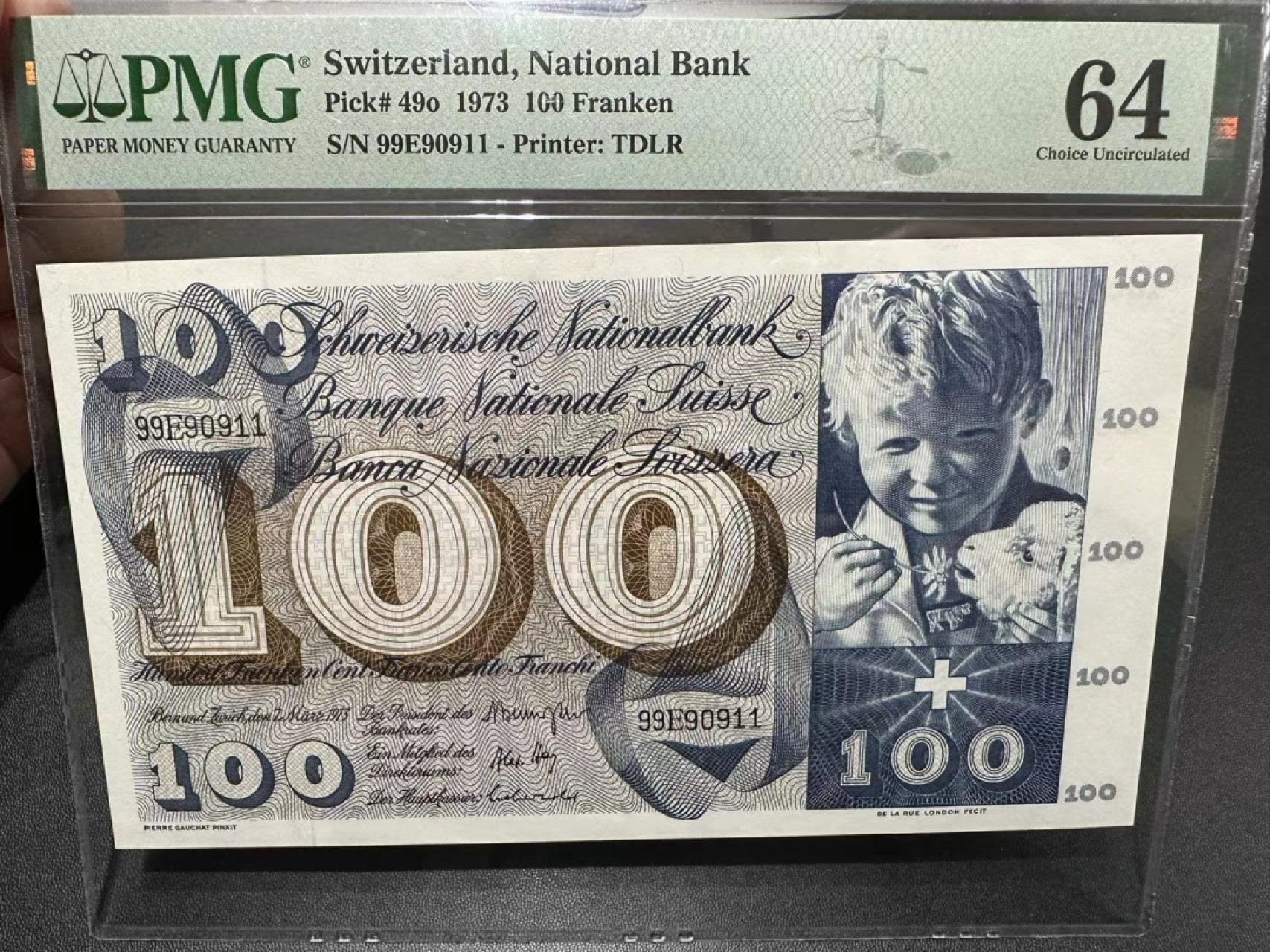 《外钞收藏家》第二百四十二期（连拍场） 1973年瑞士100法郎 PMG64 无47靓号