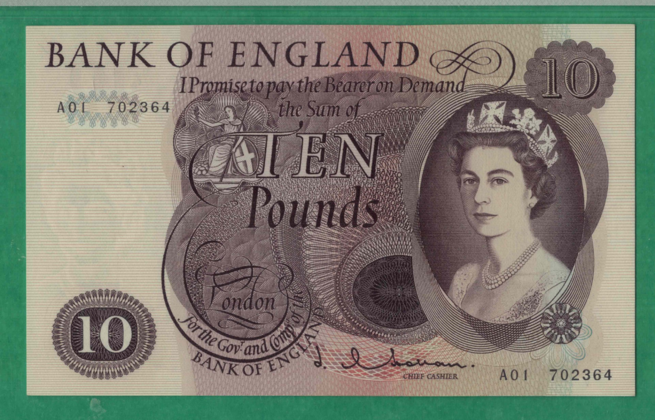 英国10镑 1964年至1966年 P-376a A01冠 C序列 签名如图 实物图 UNC