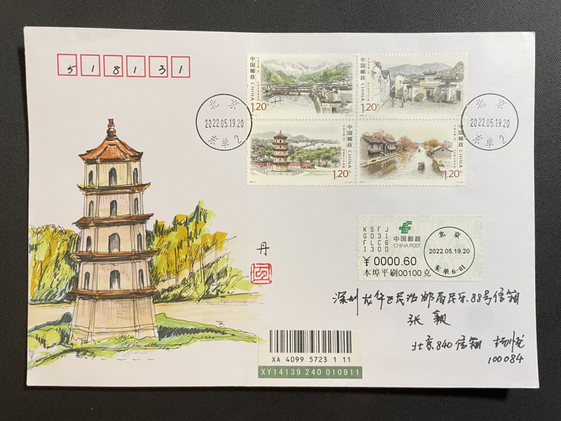 【第35期】莲池国际邮品拍卖 【手绘封】古镇 旅游局原地东单 首日实寄