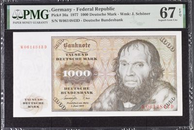 【Blue Auction】✨世界纸币精拍第293期【精】 - 德国 1977年1000马克 经典舍那 PMG67EPQ 高分