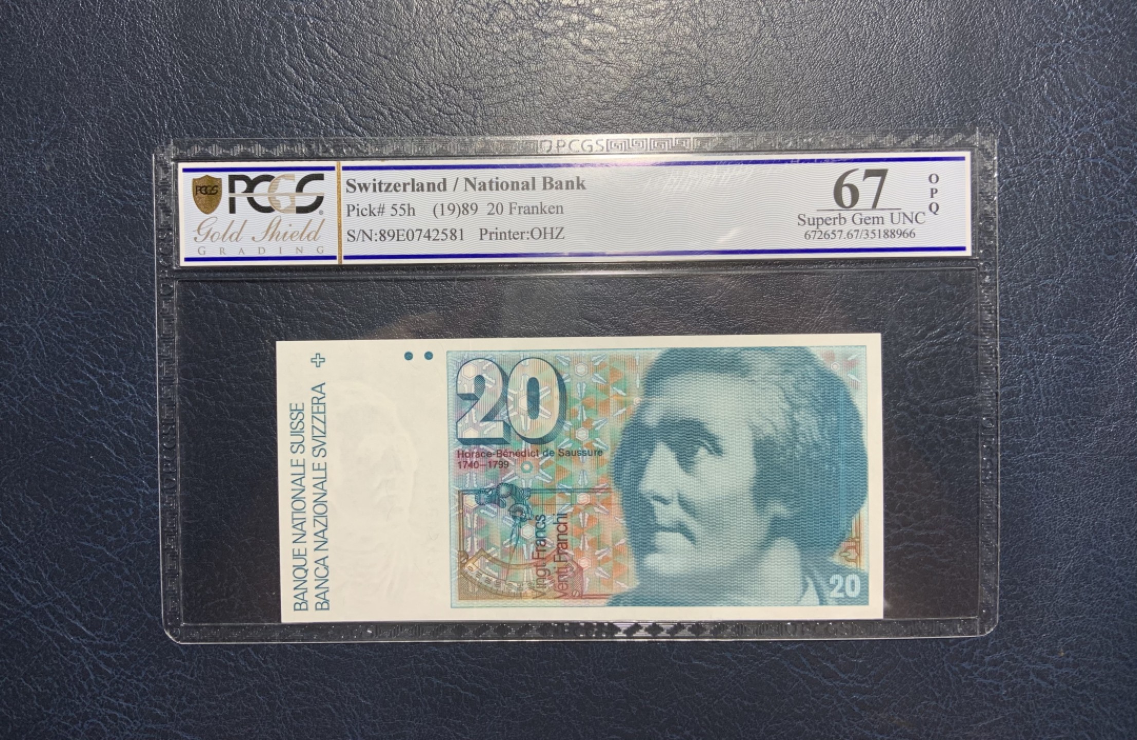 收藏联盟Quantum Auction 第233期拍卖 瑞士1989年20法郎 PCGS67 天空蓝色度量计发明者 肖索尔