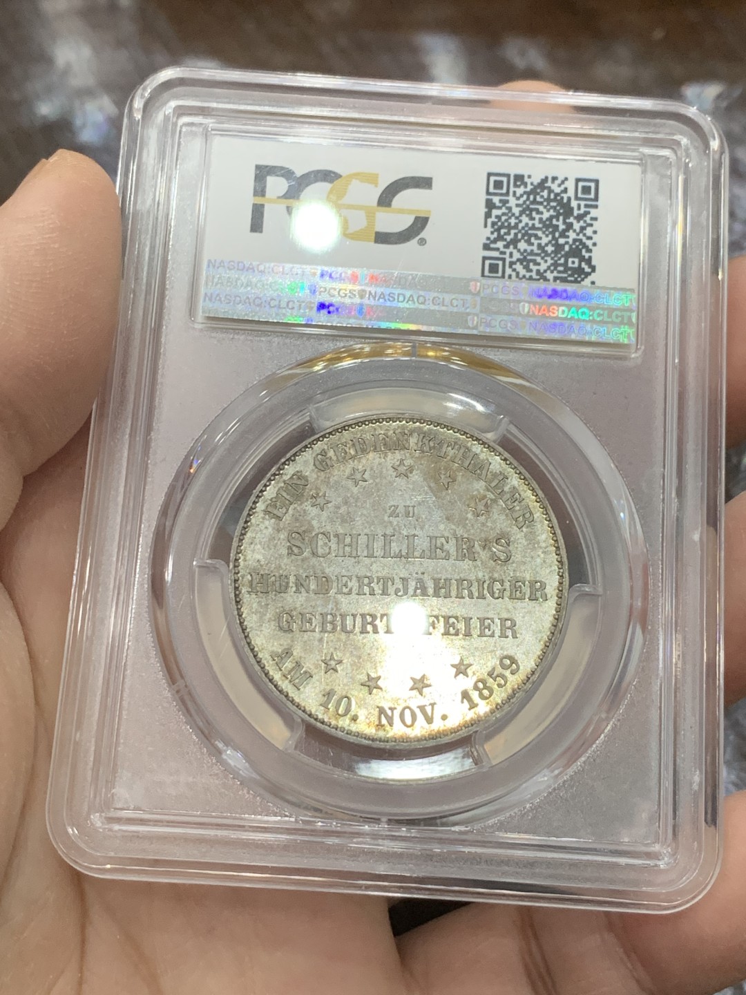 《竞宝斋》第136场-周日，周一连拍 (全场包邮) PCGS-MS65+，德国1859年法兰克福席勒纪念泰勒银币，轻彩包浆，状态一流