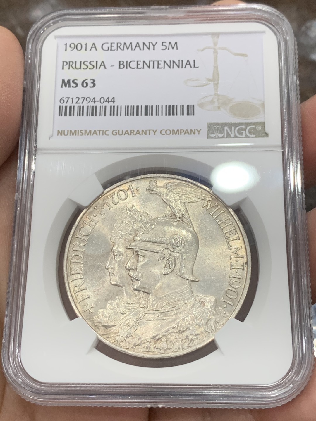 《竞宝斋》第136场-周日，周一连拍 (全场包邮) NGC-MS63 德国普鲁士1901年建国200周年纪念5马克大银币