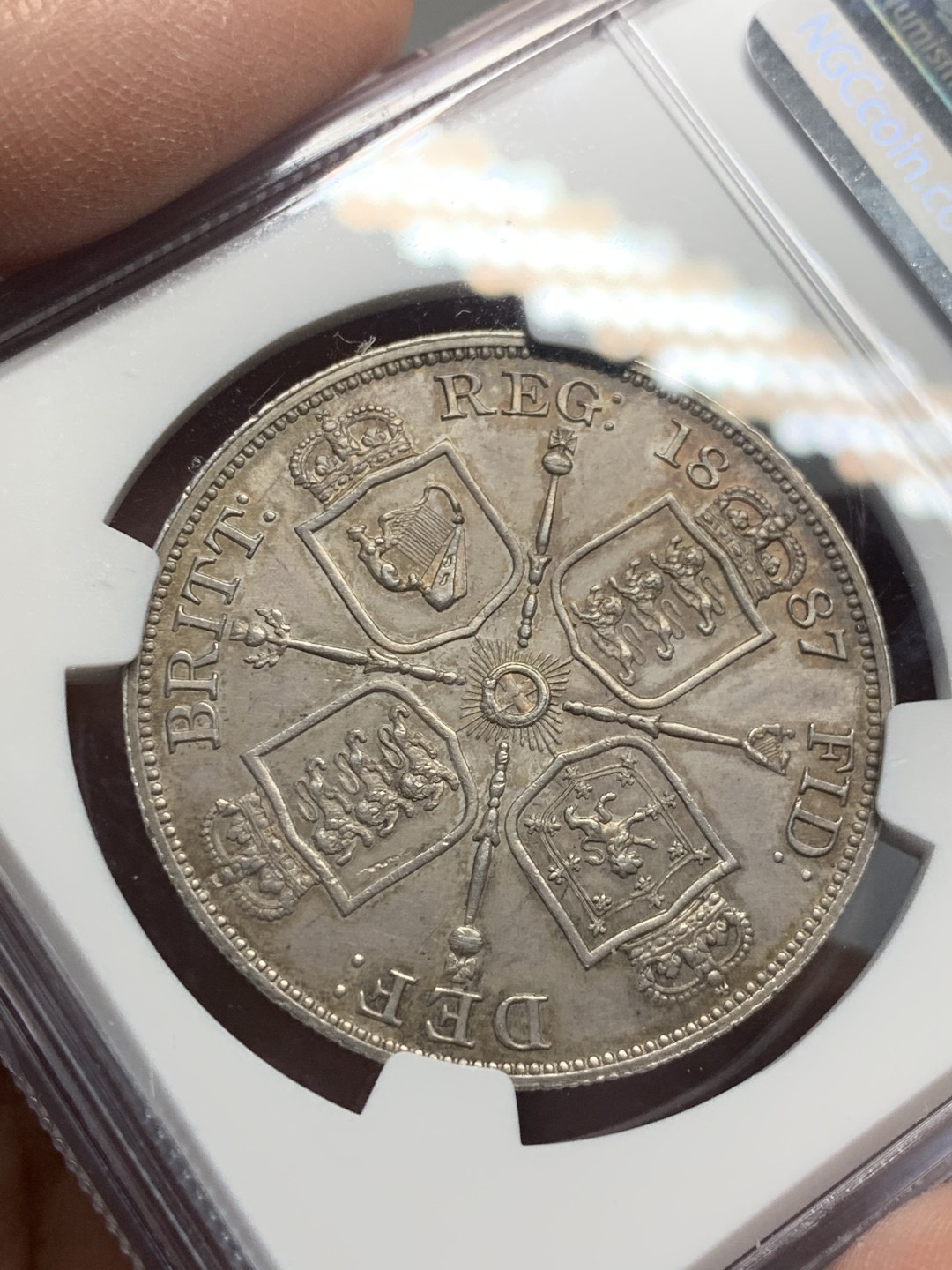 《竞宝斋》第136场-周日，周一连拍 (全场包邮) NGC-MS62 英国1887年双福林（4先令）银币 原味包浆 状态好