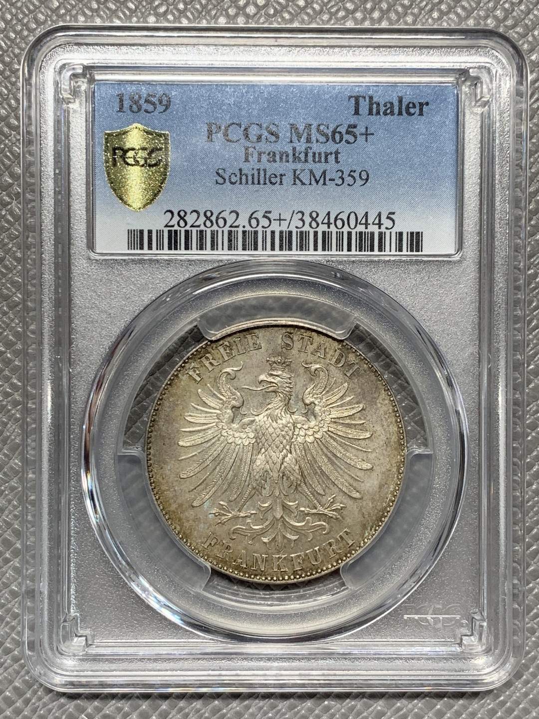 《竞宝斋》第136场-周日，周一连拍 (全场包邮) PCGS-MS65+，德国1859年法兰克福席勒纪念泰勒银币，轻彩包浆，状态一流