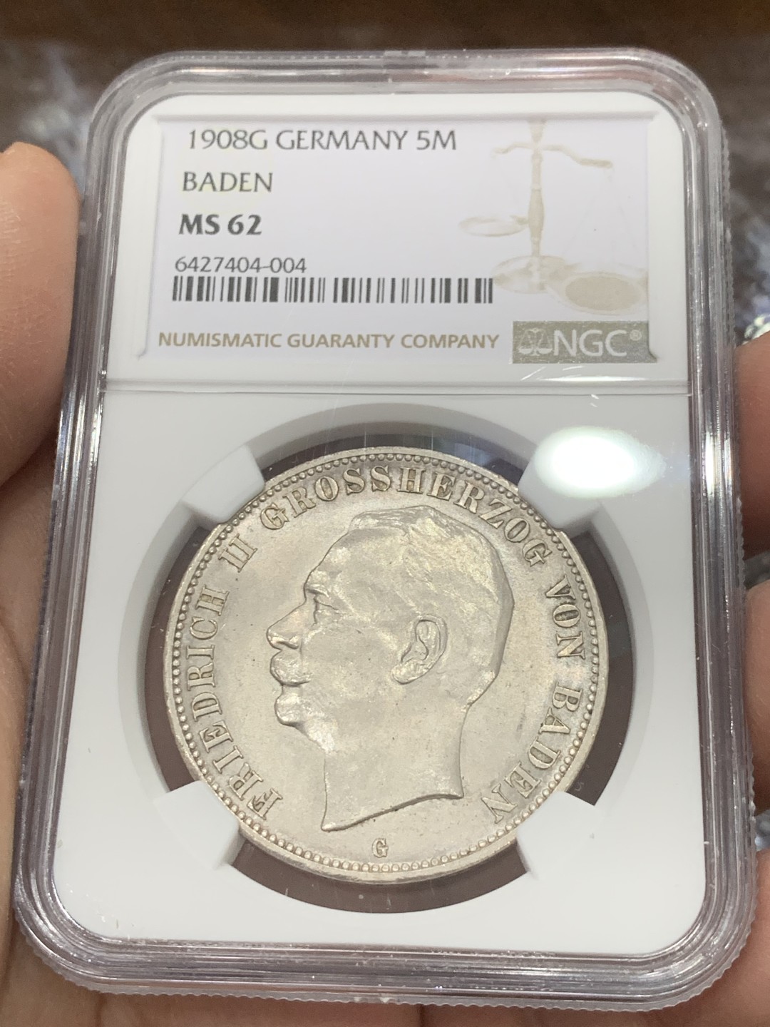 《竞宝斋》第136场-周日，周一连拍 (全场包邮) NGC-MS62 德国巴登 1908年 5马克大银币 少见版式