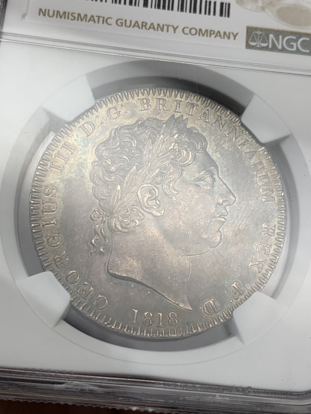 《竞宝斋》第136场-周日，周一连拍 (全场包邮) NGC-MS61 英国 1818年乔治三世一克朗马剑银币 深色包浆带光