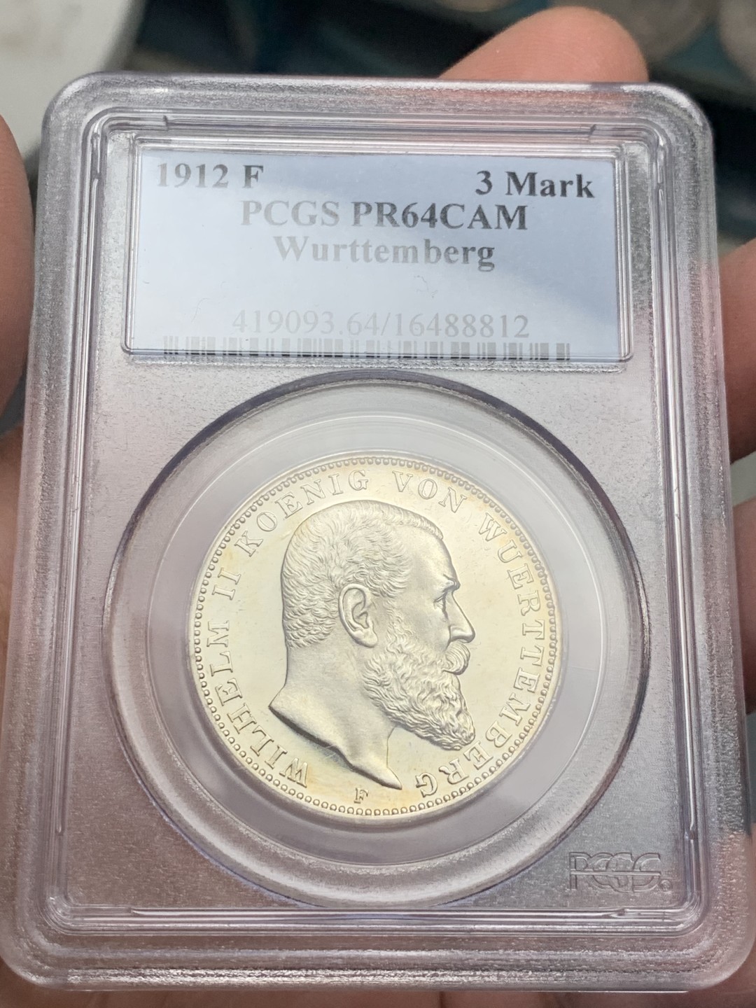 《竞宝斋》第136场-周日，周一连拍 (全场包邮) PCGS-PR64CAM,德国1912年符腾堡3马克精制银币，非常稀见的精制3马克，老白盒严评