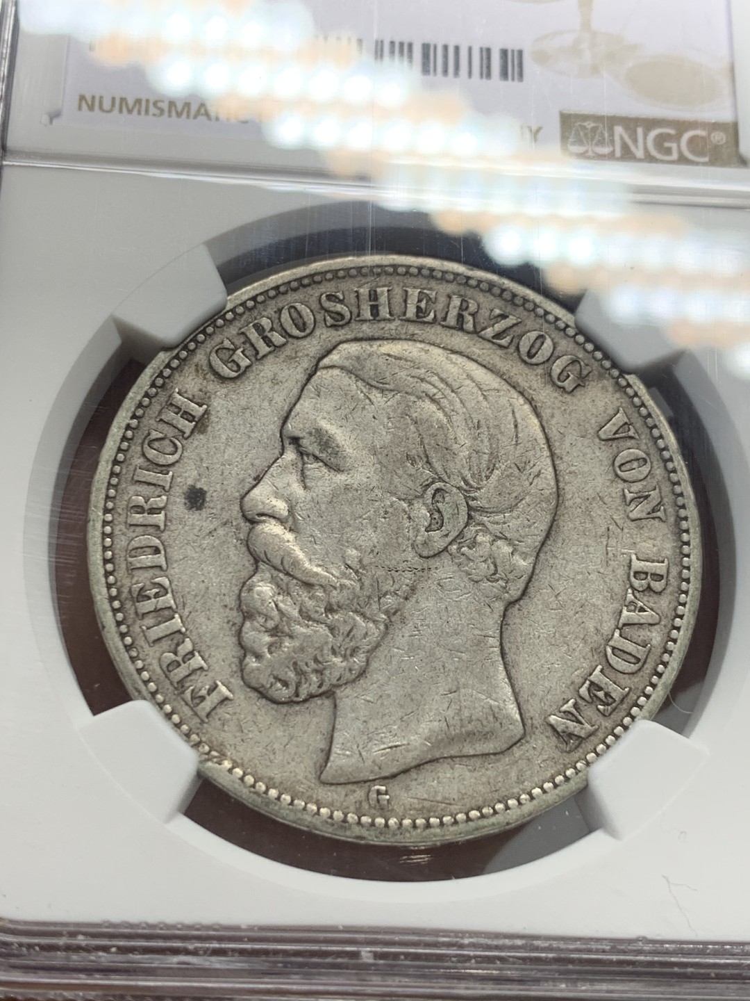 《竞宝斋》第136场-周日，周一连拍 (全场包邮) NGC-XF40 德国巴登 1876-G年 5马克大银币 出分不易