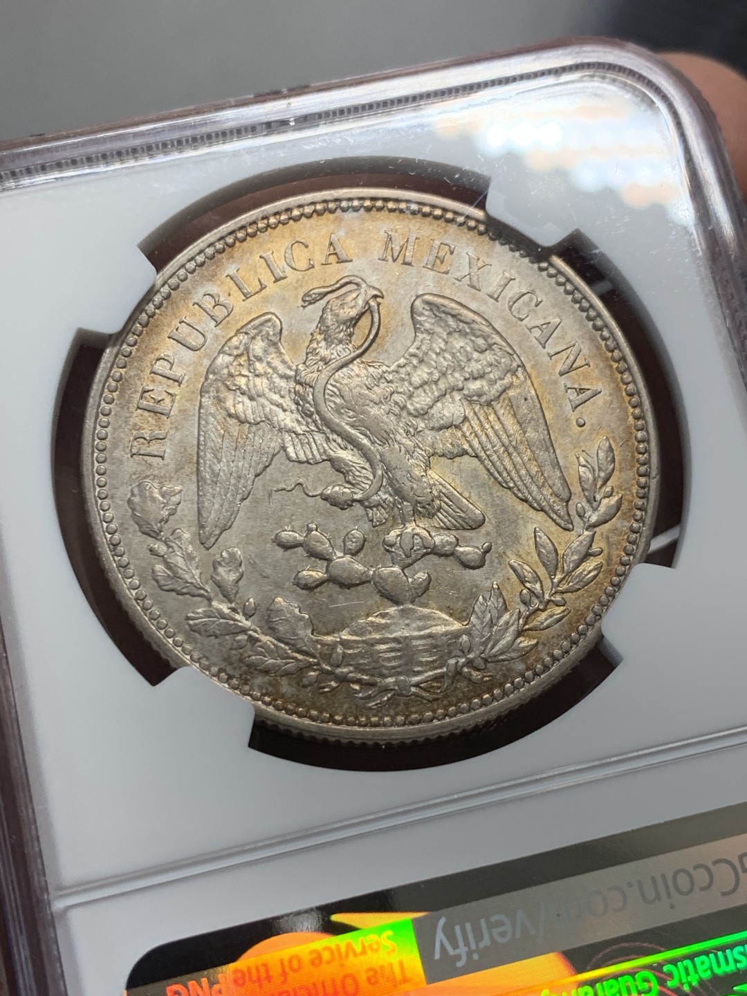 《竞宝斋》第136场-周日，周一连拍 (全场包邮) NGC-AU58 墨西哥1908年 1比索鹰洋大银币 带彩