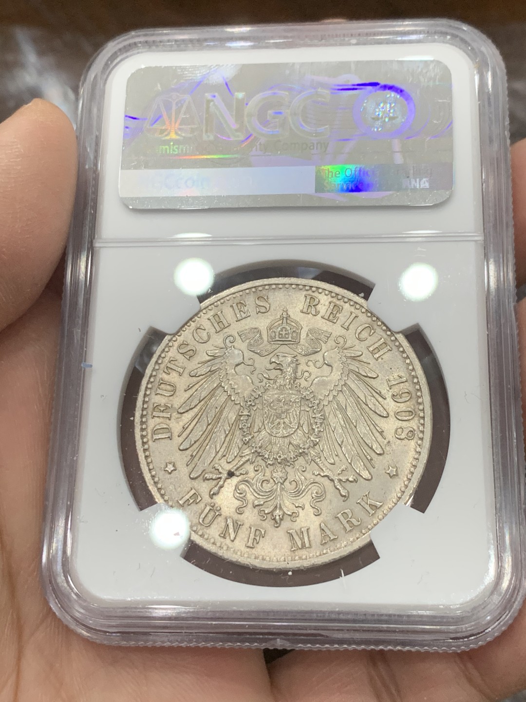 《竞宝斋》第136场-周日，周一连拍 (全场包邮) NGC-MS62 德国巴登 1908年 5马克大银币 少见版式