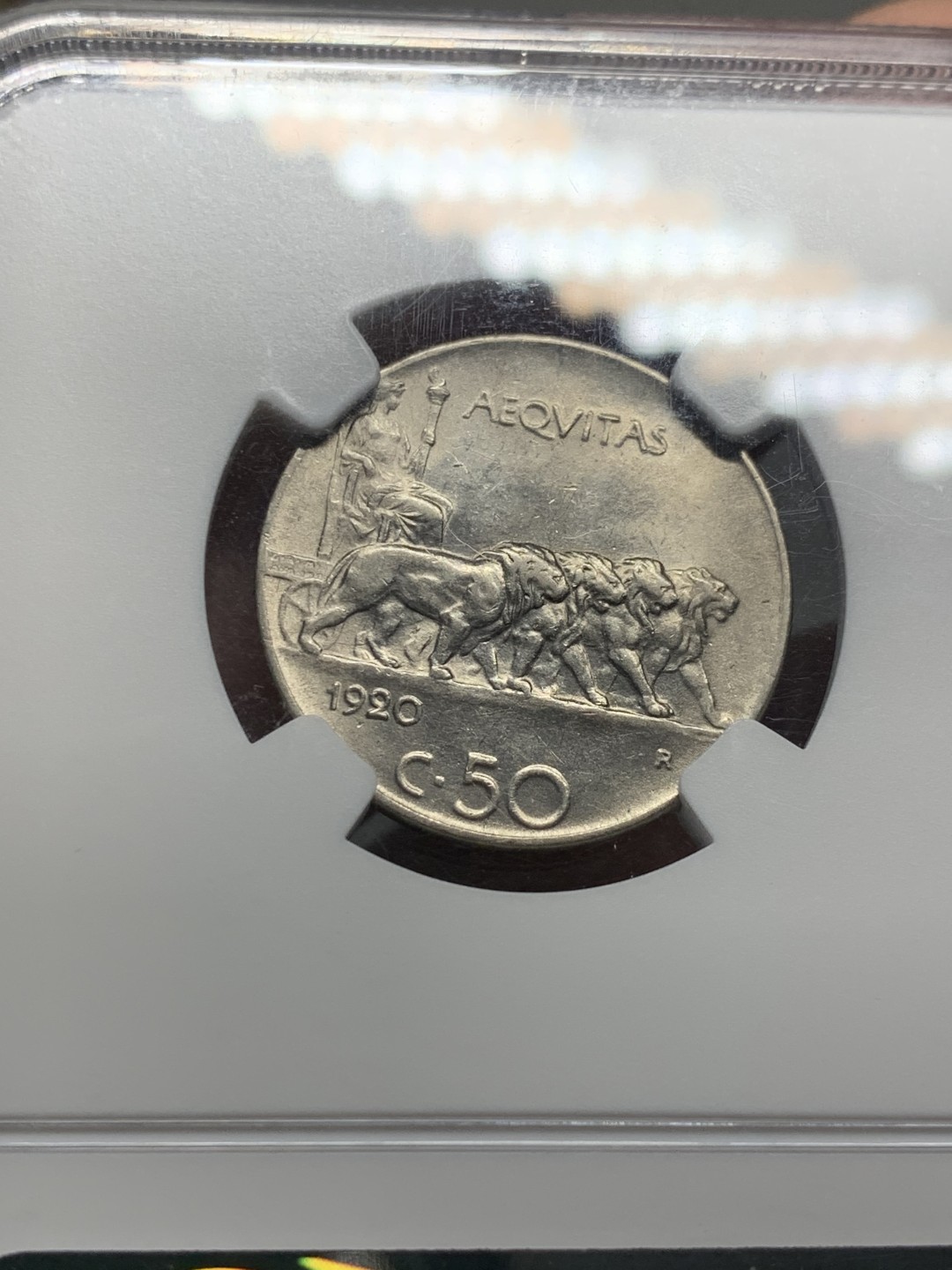 《竞宝斋》第136场-周日，周一连拍 (全场包邮) NGC-MS62 意大利 1920年 50分镍币 背面的狮子拉车图案很有艺术感 好品难见